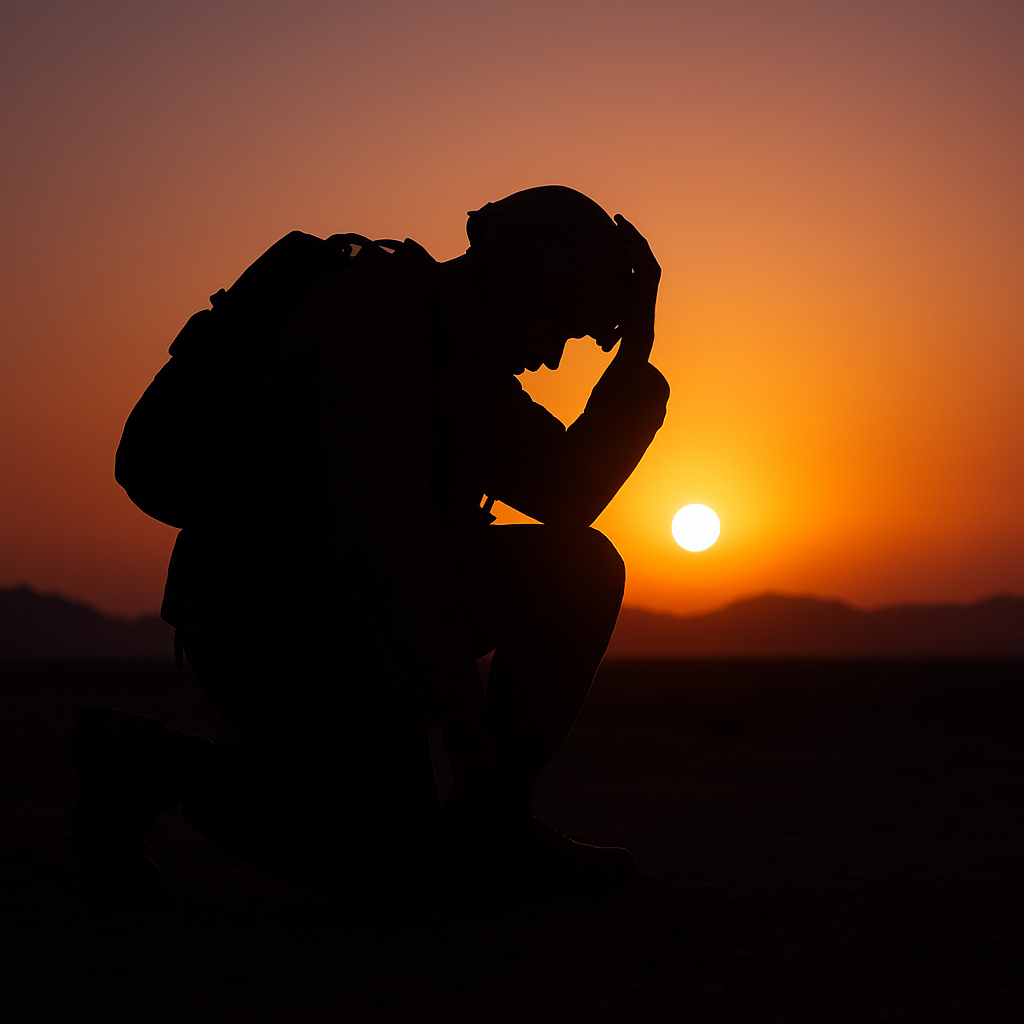 A silhouette of a soldier kneeling at sunset, AI-generated illustration